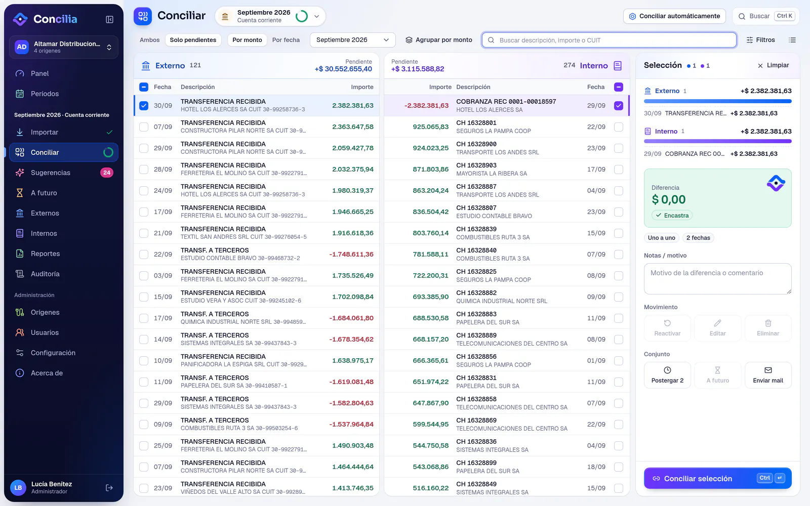 Concilia: los movimientos del banco y los de la contabilidad enfrentados, con un par seleccionado que encastra con diferencia de $ 0,00