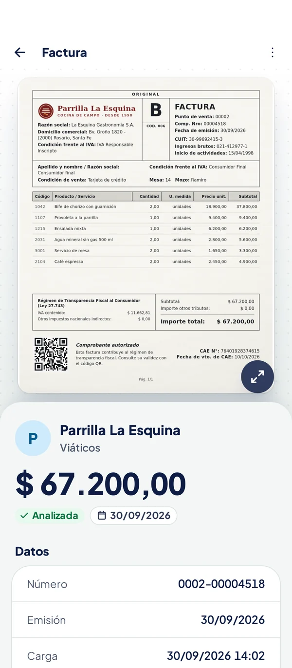 App de GastosYa: el comprobante leído con sus datos