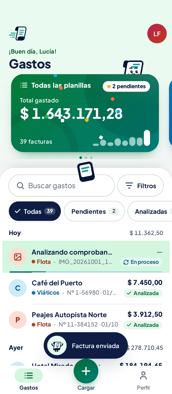 App de GastosYa: la factura enviada, ya en la lista de gastos