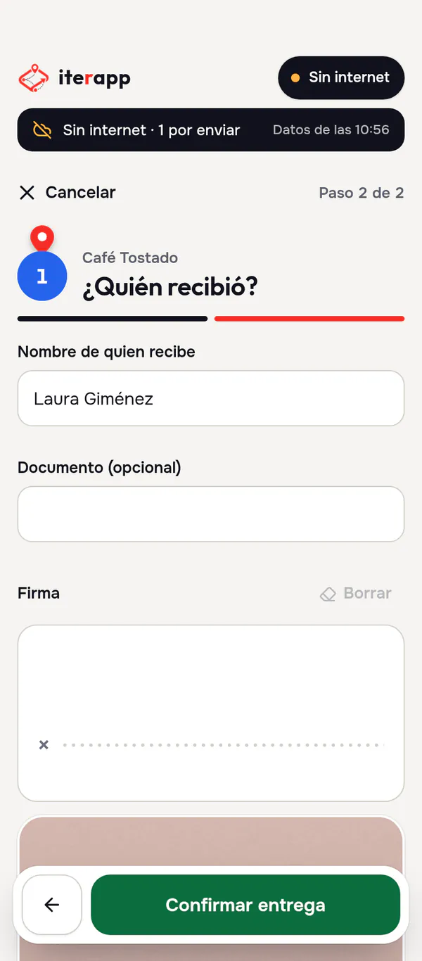 ¿Quién recibió?: el nombre, la firma y la foto de la entrega, en la misma pantalla