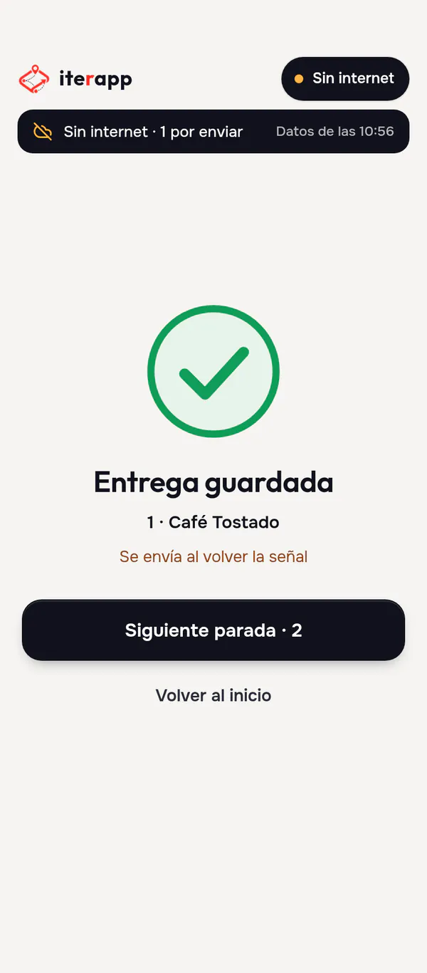 Entrega guardada sin conexión: se enviará al recuperar la señal