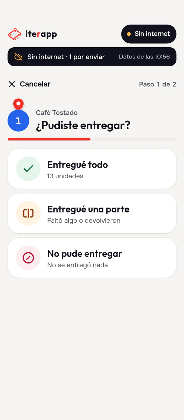 Al llegar, el conductor elige el resultado: entregué todo, entregué una parte o no pude entregar