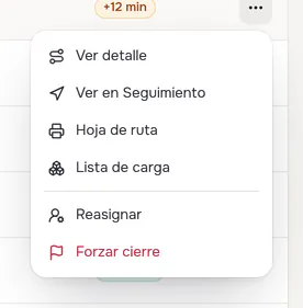 Acciones de una ruta en curso: ver el detalle, verla en seguimiento, imprimir la hoja de ruta y la lista de carga, reasignar o forzar el cierre