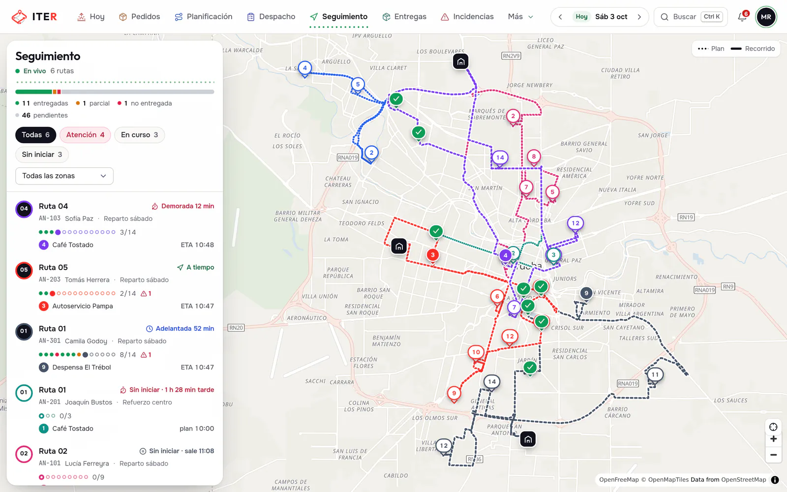 Seguimiento en vivo en ITER: el recorrido real de cada vehículo sobre el plan, su posición, la hora estimada de llegada, las demoras y las rutas sin señal